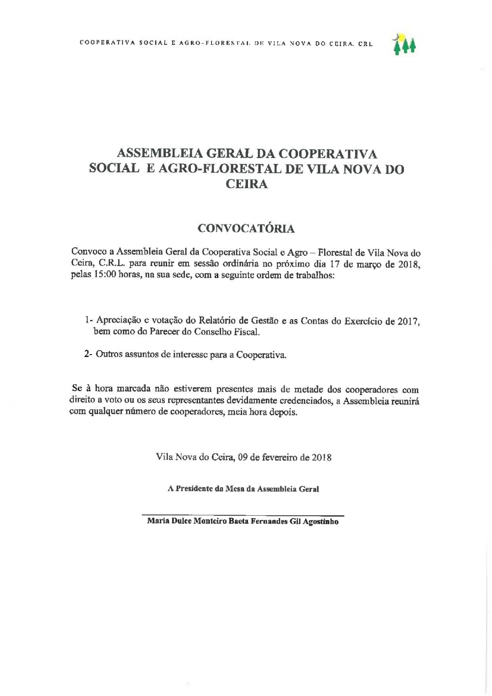 Convocatória - Assembleia Geral Cooperativa V.N.Ceira - 17 de Março de 2018 - www.coopvnc.pt